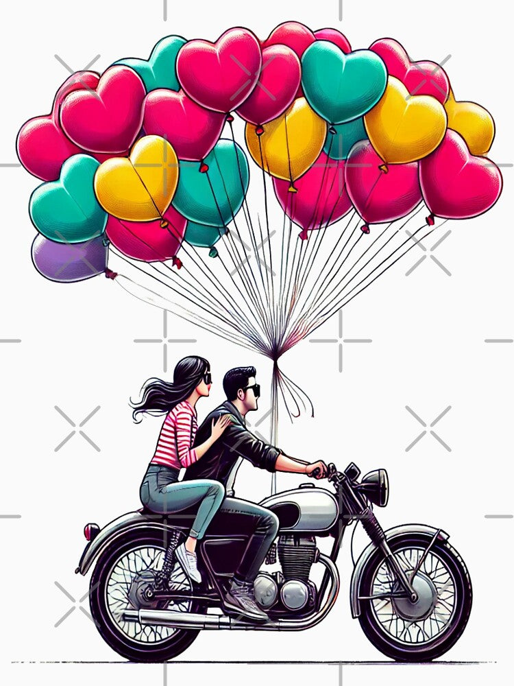 Romantic Couple on Motorcycle with Heart Balloons – Valentine Love Art by Rajasekar