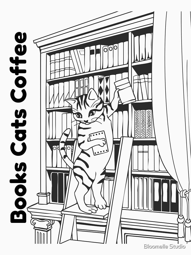 Books Cats Coffee Library Aesthetic by Bloomelle Studio