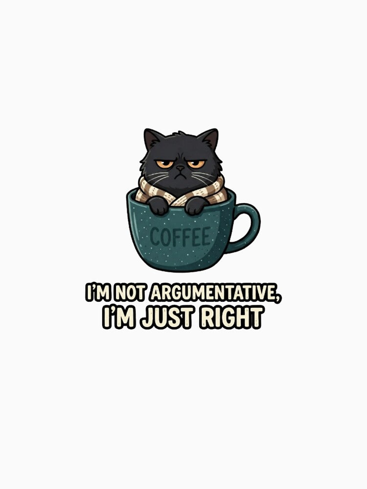 Grumpy Black Cat Coffee Meme – “I’m Not Argumentative, I’m Just Right” Funny Introvert Sticker by Mad World Creations
