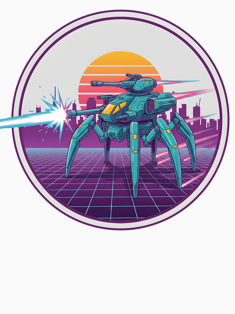 Retro Futuristic Mech Walker Neon Sunset Cyberpunk Battle. by The-T-In-Retro