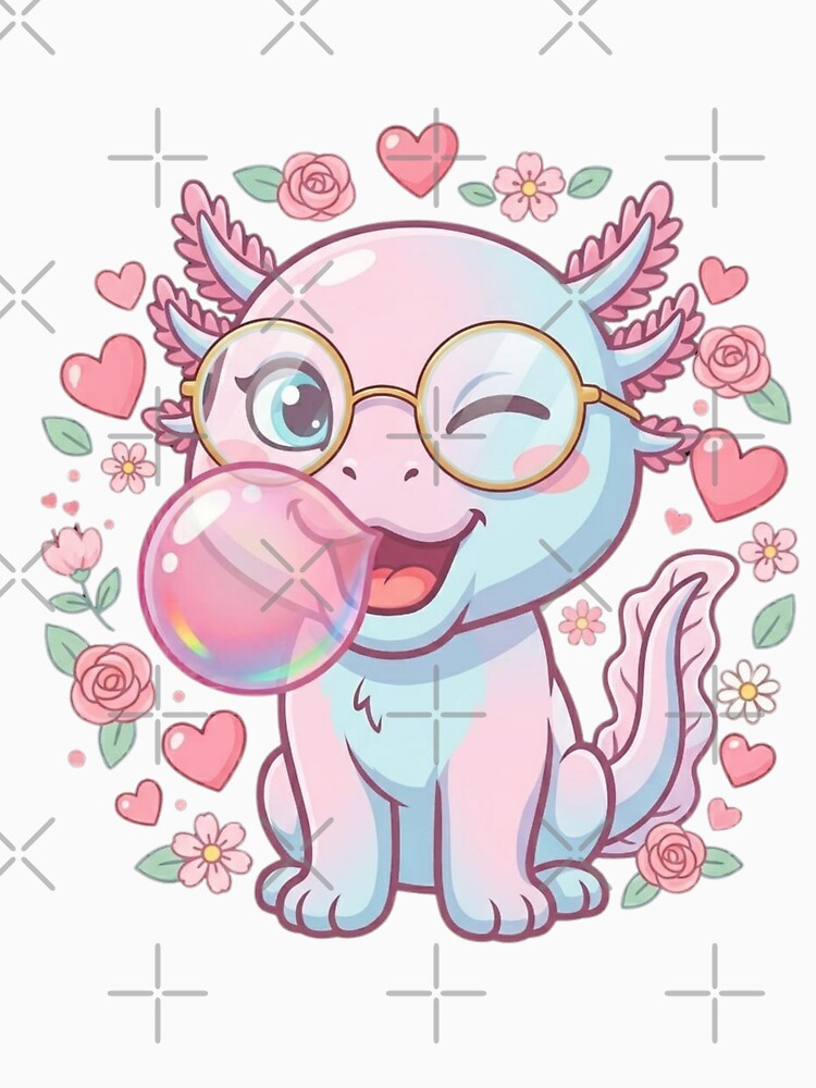 Funny Axolotl Blowing Pink Bubble Gum Kawaii Girly Hearts & Flowers Aesthetic Design by bilal sibgui