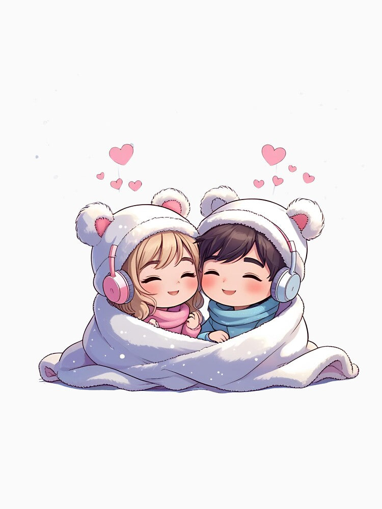 Chibi Couple Sharing Headphones – Romantic Snowy Valentine Anime Art by ColorSplash123