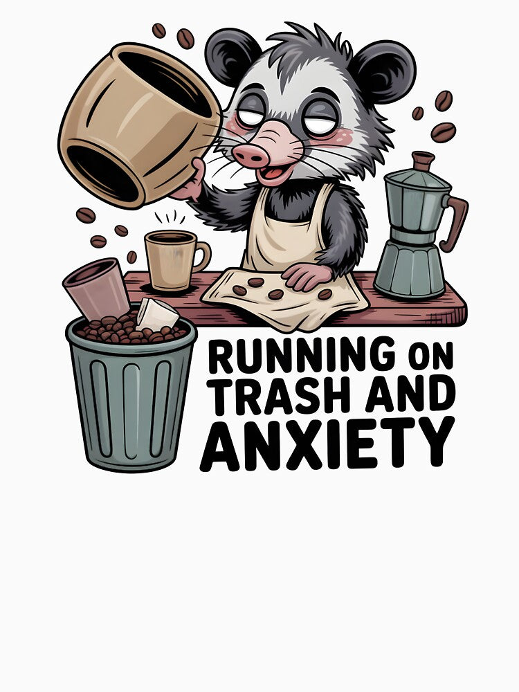 Funny Opossum Barista Running on Trash and Anxiety Meme Retro by Fitswear