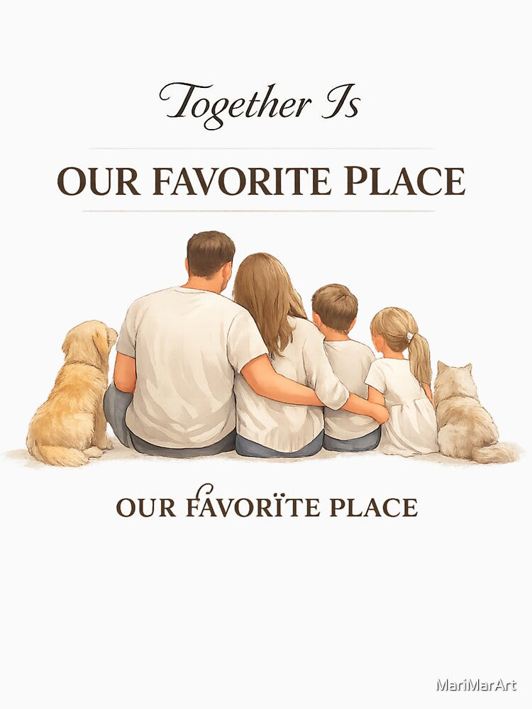 Together Is Our Favorite Place – Family Love Illustration with Dog and Cat by MariMarArt
