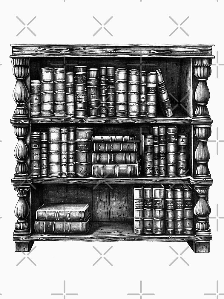 Antique Bookshelf Illustration | Vintage Black and White Library Art by inkoutninja