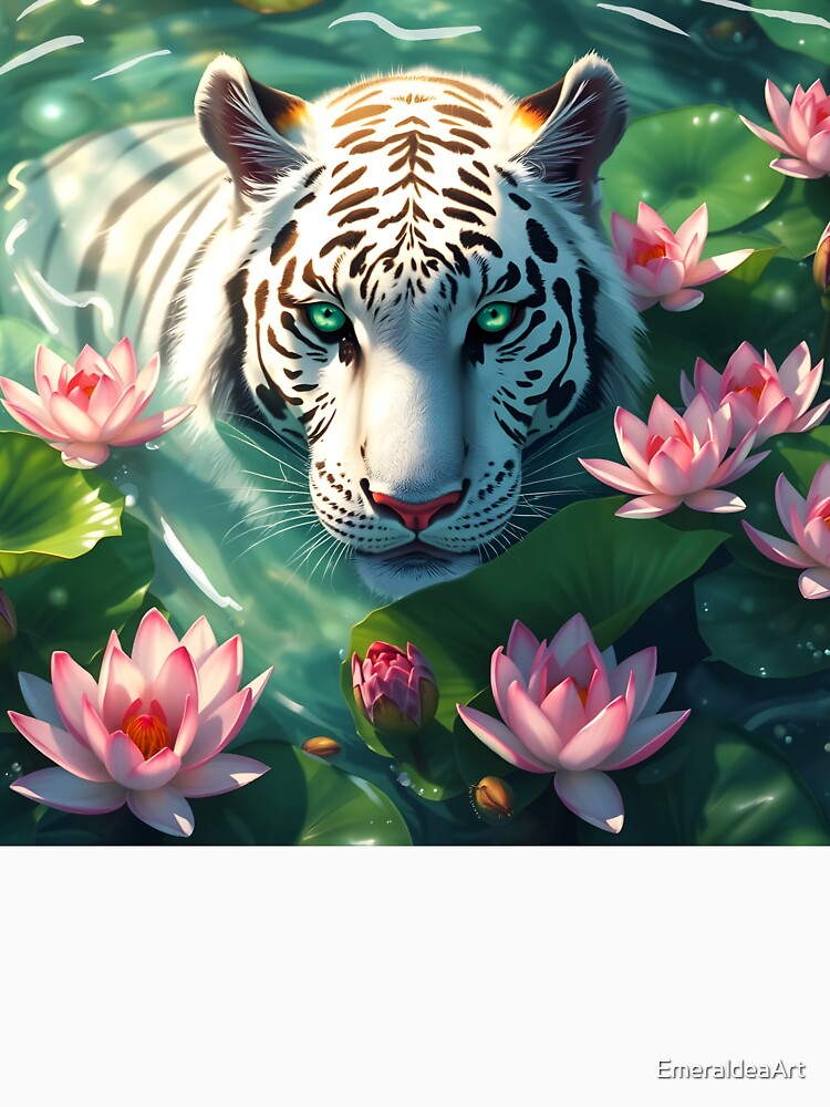 Beautiful white tiger having a bath in a green water calm lake among waterlilies digital animal portrait by EmeraldeaArt