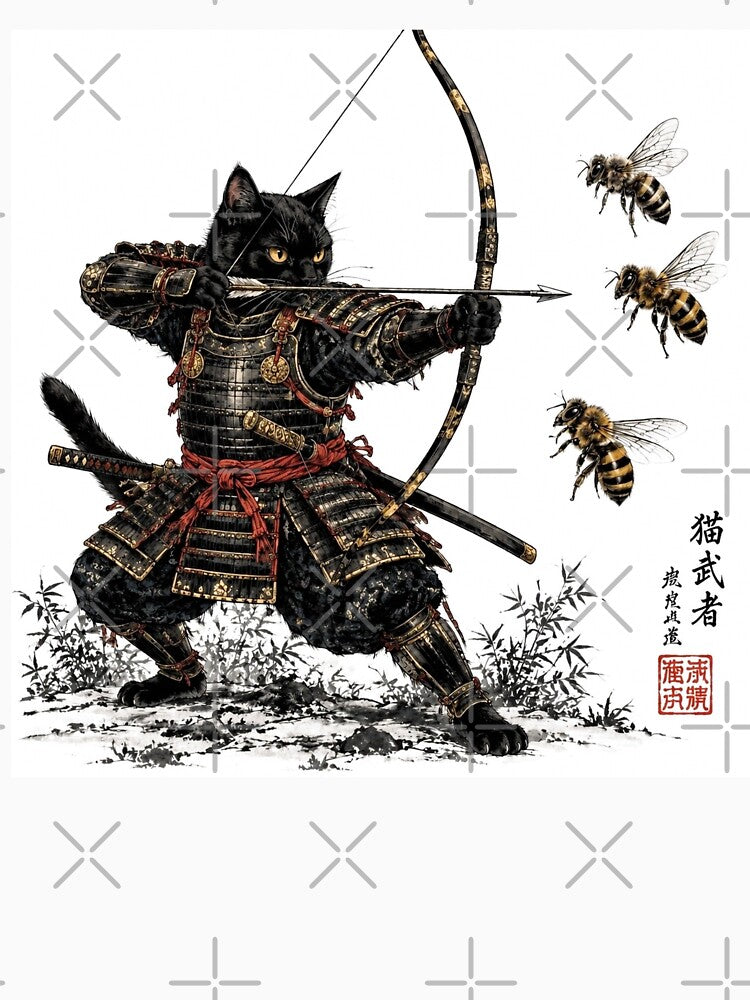 Neko Archer Bushido | Samurai Cat vs Bees | Vintage Japanese Ukiyo-e Cat Warrior by Natalia-Vlad