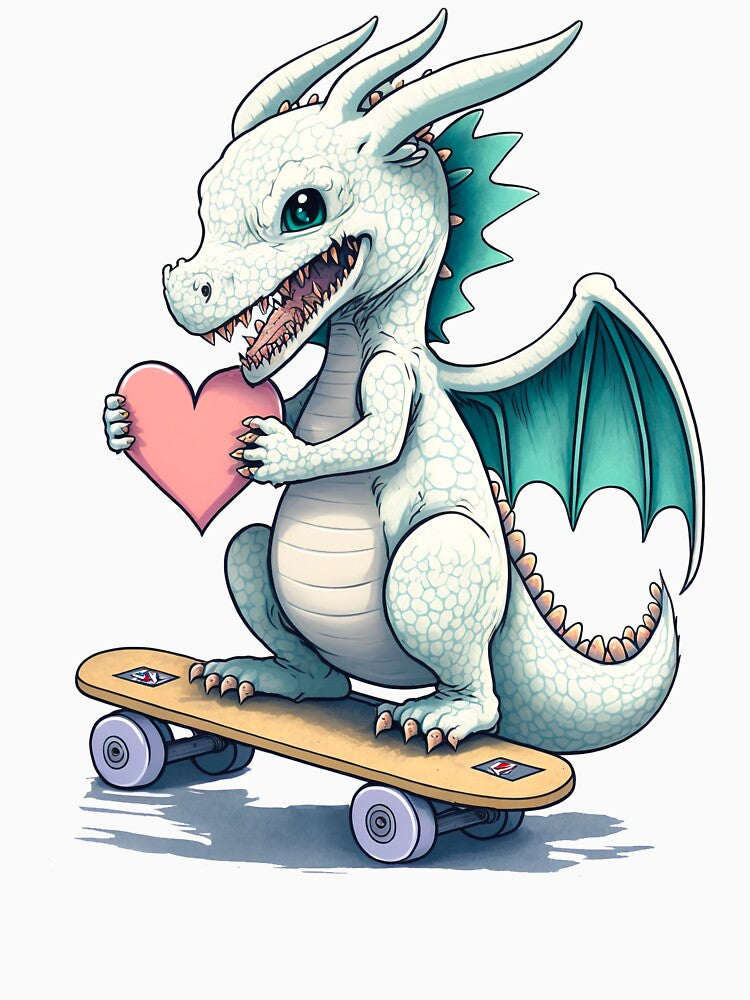 Happy dragon on a skateboard holding heart by WaveDance