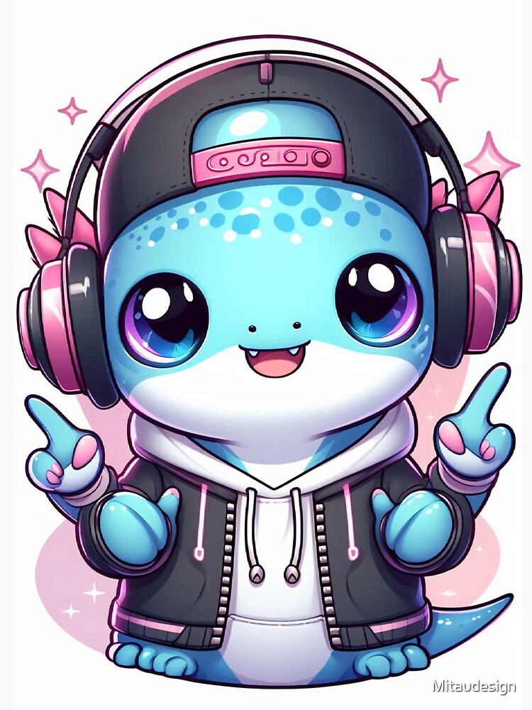Cute Kawaii Axolotl Gorilla in Streetwear Hoodie with Headphones by Mitaudesign