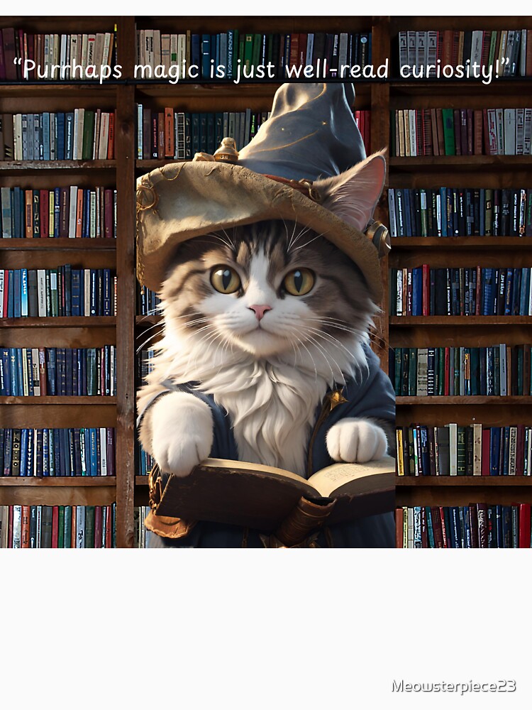 Wizard Cat in Library | Fantasy Book Lover Art by Meowsterpiece23
