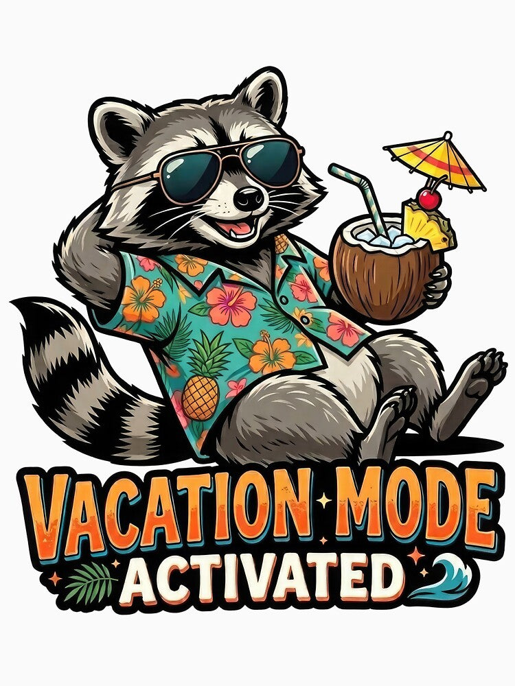 Vacation Mode Activated Funny Raccoon Beach Vacation Tropical Hawaiian by PlumArtDesign