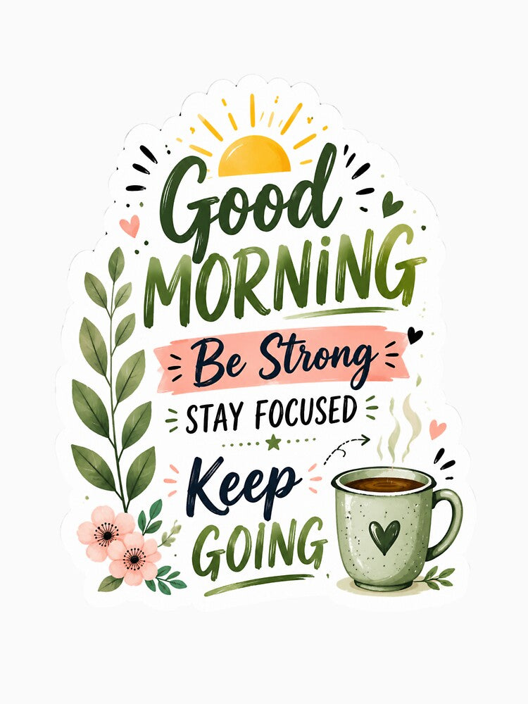 Good Morning Be Strong Stay Focused Keep Going Sticker pink by The Sticker Treasury
