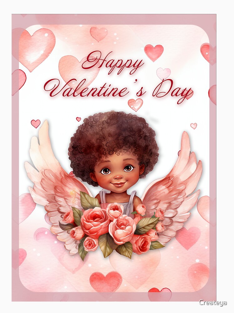 African American Valentine card with baby angel Cupid with wings St Valentine's Day postcard Watercolor by Createya