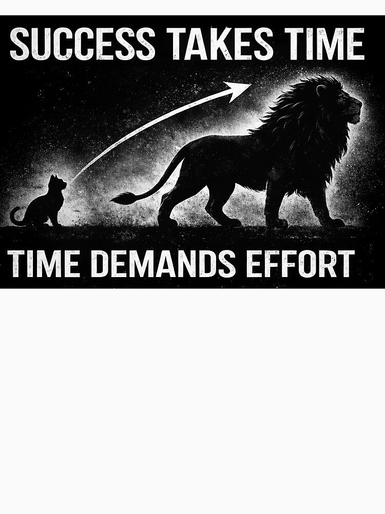 Success Takes Time Cat To Lion Transformation Motivational Streetwear Design by apex.vibe