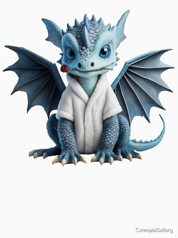 Realistic Artwork Cute Blue Baby Dragon with a Red Rose wearing a Bathrobe by CuteopiaGallery