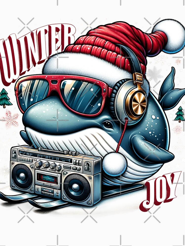 A whale in Santa's hat with a boombox on skis by ArtFeverShop
