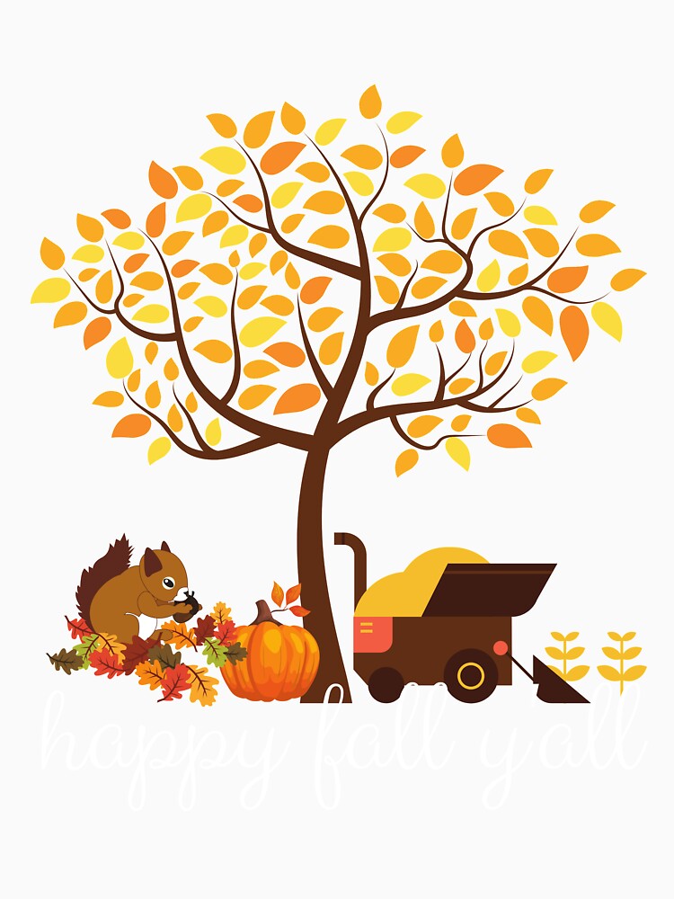 happy y'all funny autumn tree with falling leaves harvest pumpkin and squirrels by mydreamcatcher