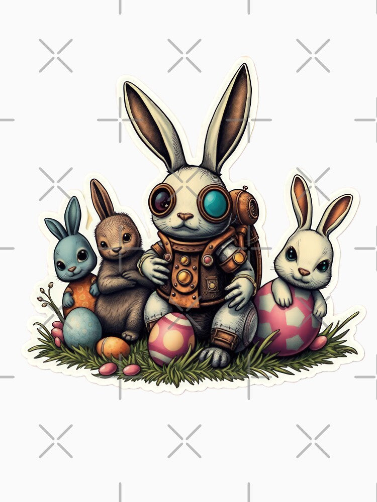 Cute Easter futuristic bunnies in the grass with eggs sticker,Happy Easter,Easter Day,Cute Easter by Expressions-Sel