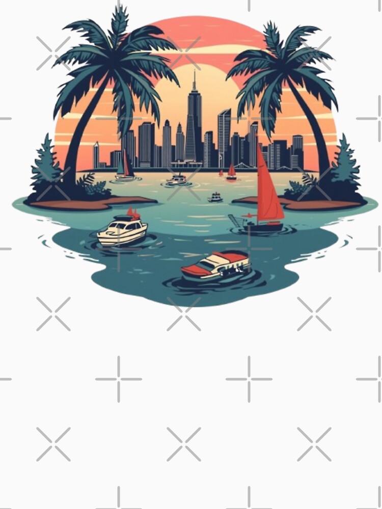 Tropical Vacation City Sunset with Palm Trees & Boats by KomalArtStudio