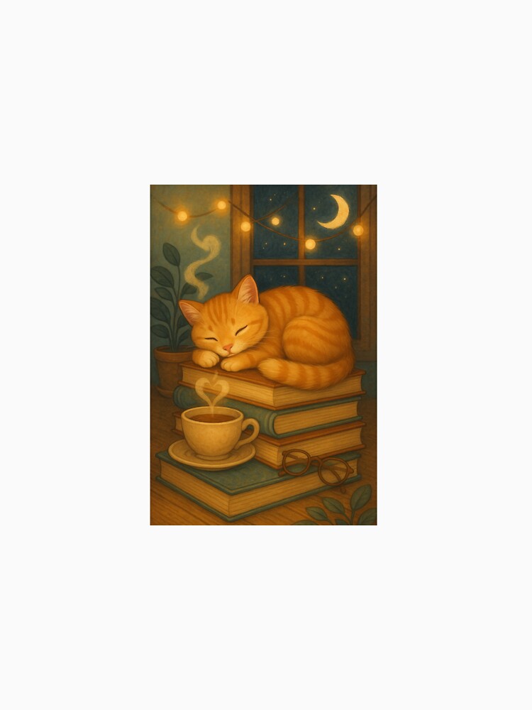 Cozy Cat Nap on Books – Moonlit Reading Nook by SoftWavesStudio