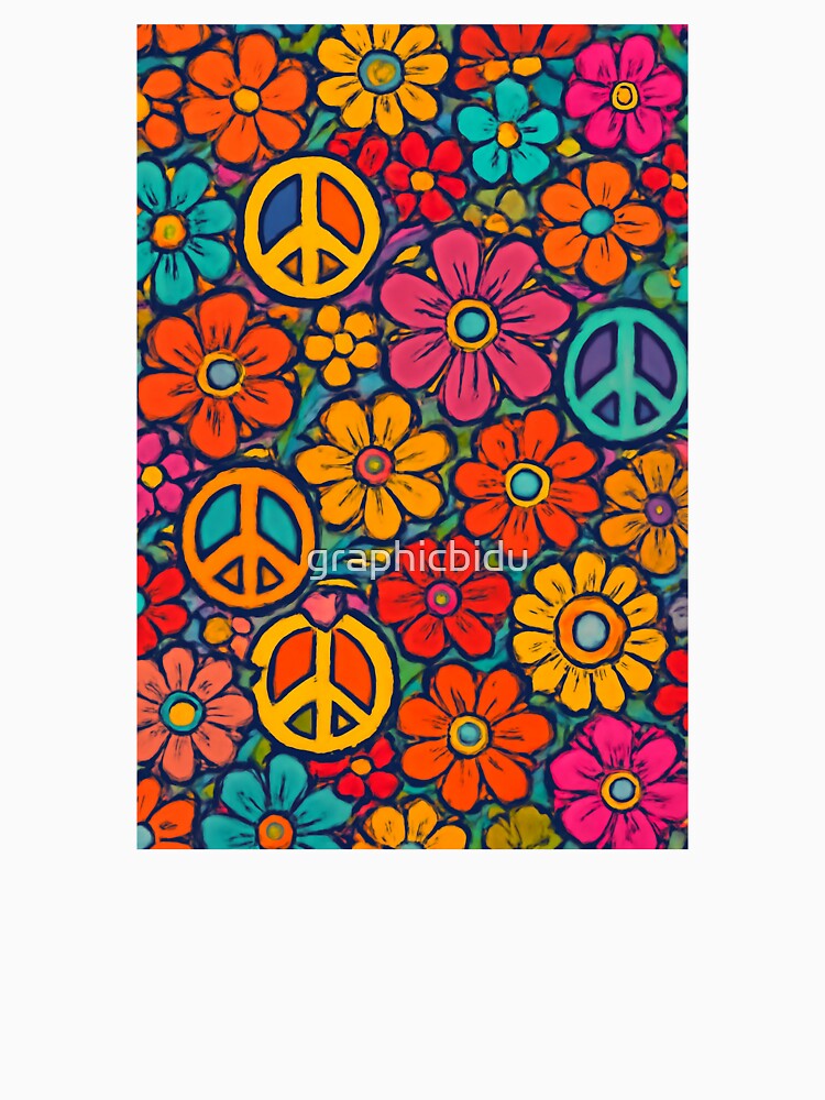 Vibrant 70s Floral Pattern with Peace Symbols – Retro Hippie Aesthetic Art by graphicbidu