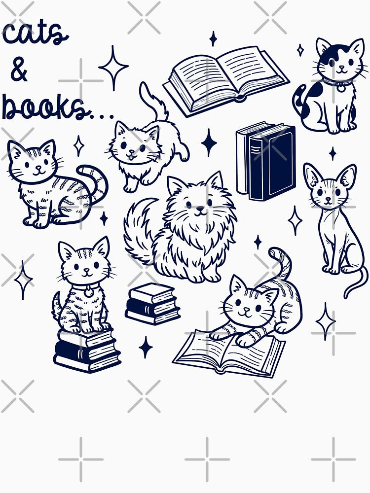 Cute Cats and Books Doodle Illustration for Book Lovers in Blue by WildLakePatterns