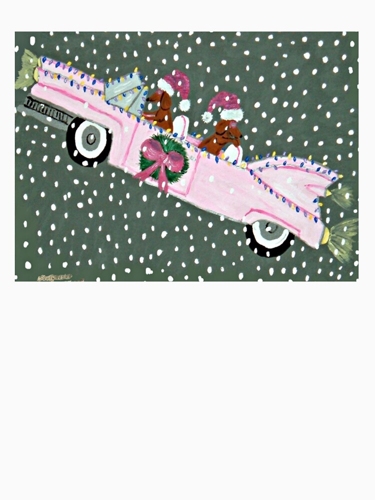 Dachshunds in pink convertible at Christmas by Squirreldumplings