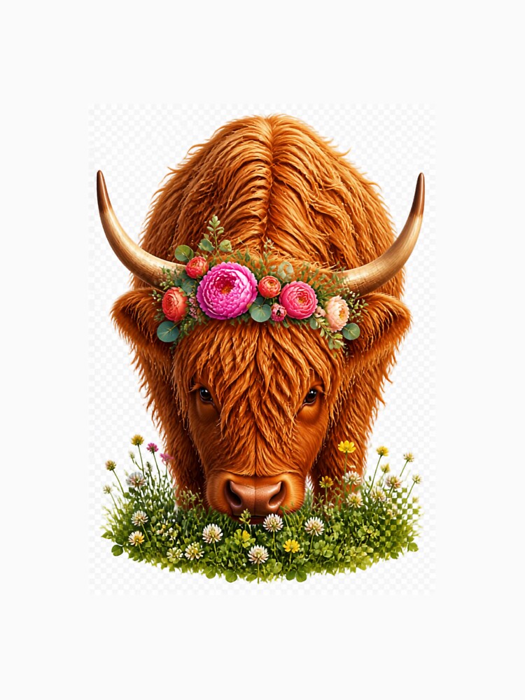 Vintage Highland Cow with Floral Crown Botanical Illustration by Modise31