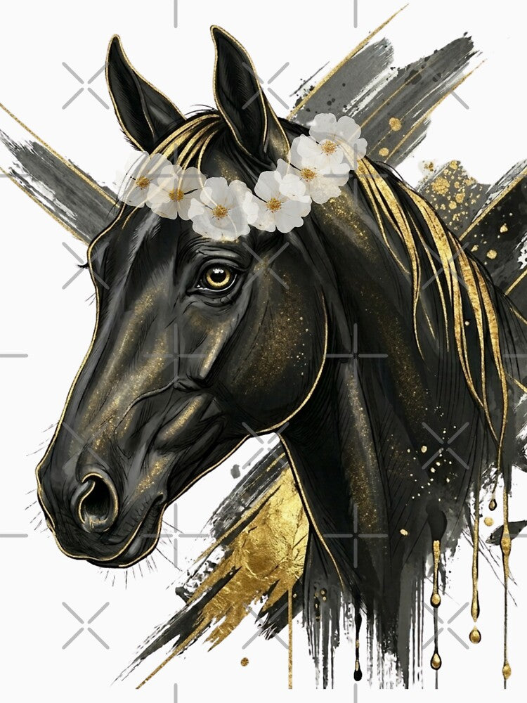 Black Horse Golden Floral Crown Art by OneCklick