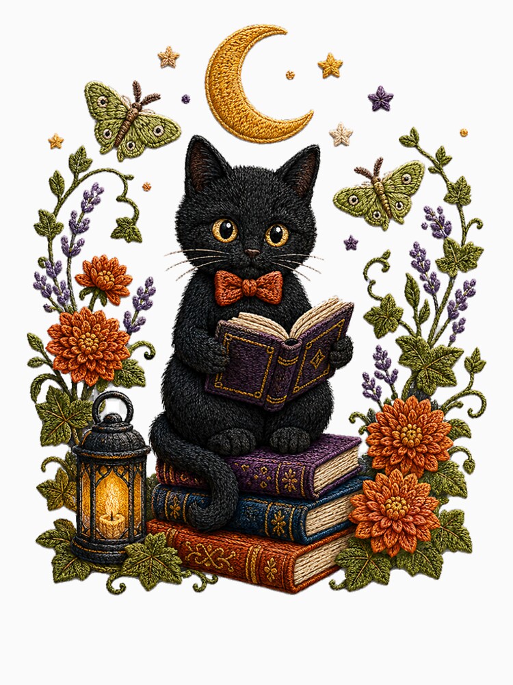 Midnight Library Cat Reading Under the Moon by networkseen