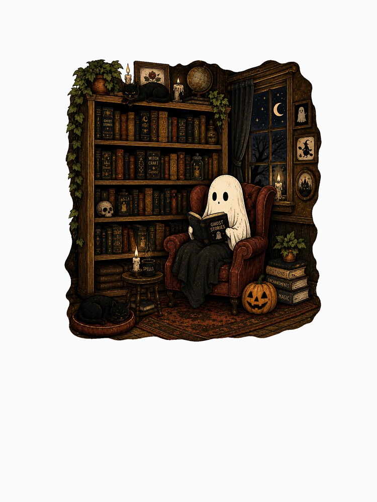Cozy Ghost Library Dark Academia Art by PineyCoveCo