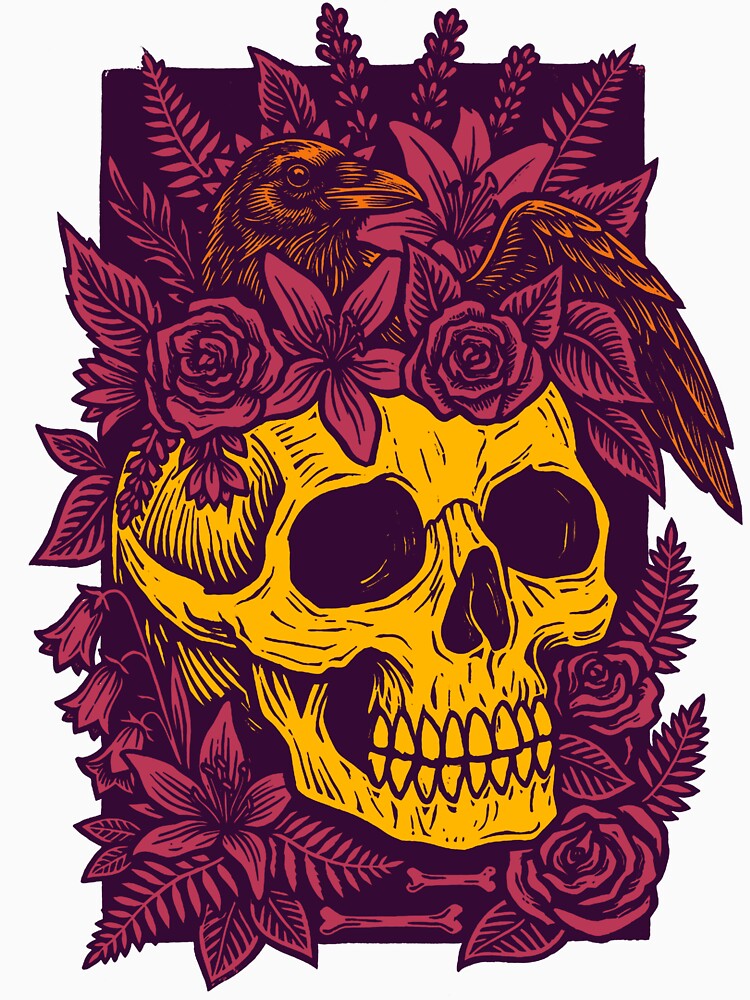 Gothic Floral Skull and Raven Linocut Art by Alan Javier Cordoba Espinosa
