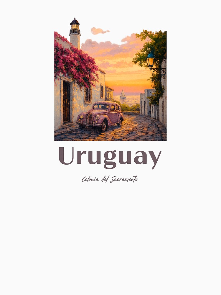 Vintage Uruguay Travel Poster – Colonia del Sacramento Sunset Street with Classic Car by CapyToon