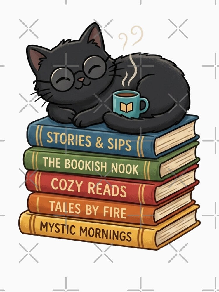Bookish Black Cat & Coffee T-Shirt, Cute Reader & Library Lovers Graphic Tee by KreatoLab