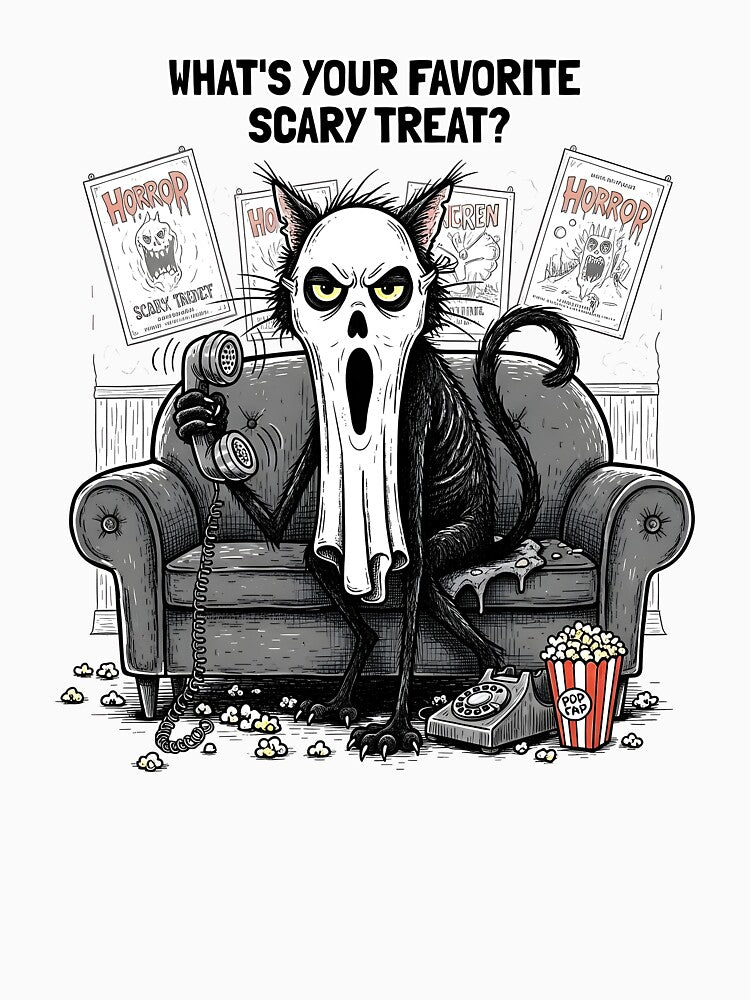 Funny Horror Cat Meme – Scary Treat Popcorn Couch Art by GrumpyCrudly