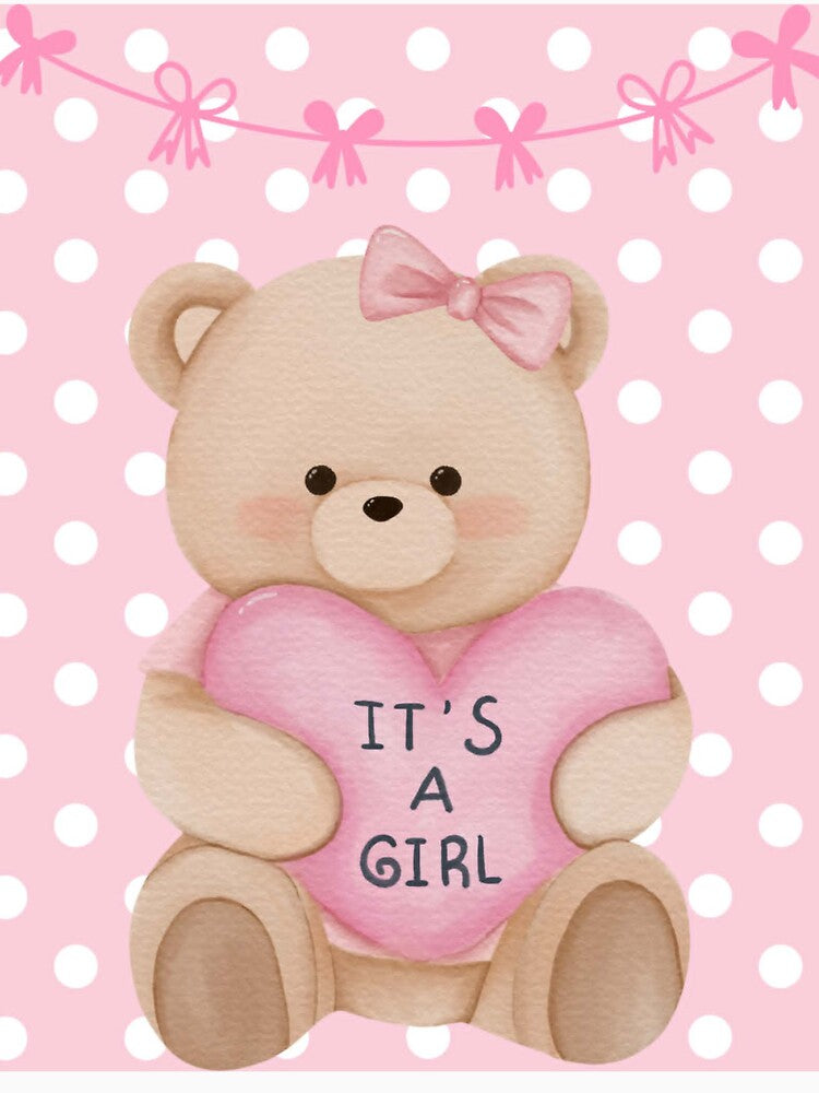 Cute Teddy Bear Holding Heart – It's a Girl Baby Announcement Design | Baby Shower & Newborn Gift by PureHopeStudio