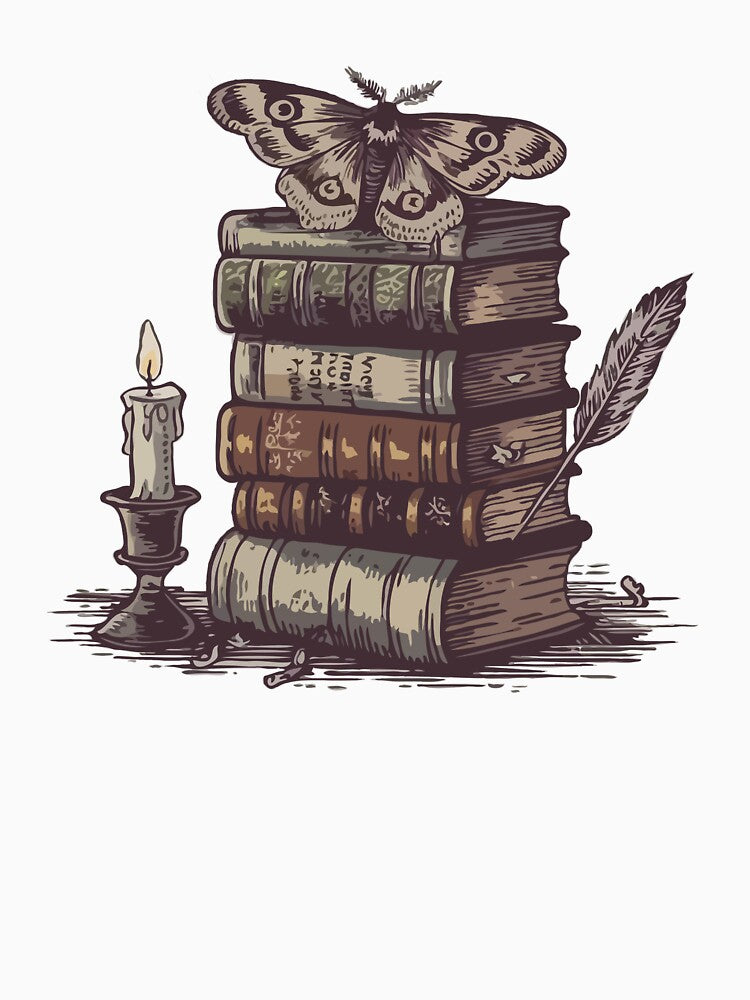 Mystical Moth on Antique Books – Vintage Dark Academia Library Illustration with Candle and Quill by BrainBubbleArt
