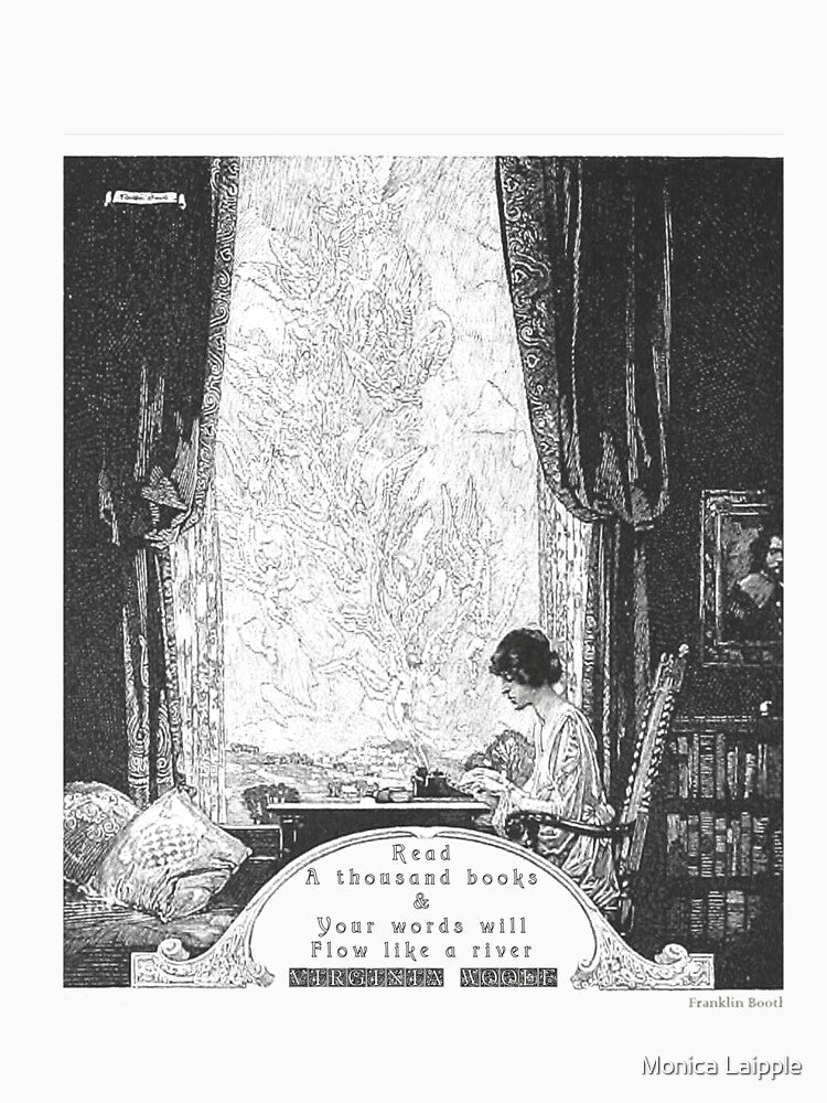 Virginia Woolf Book and Reading Quote Franklin Booth Woman in Library Writing Dark Academia Ink Illustration by Monica Laipple