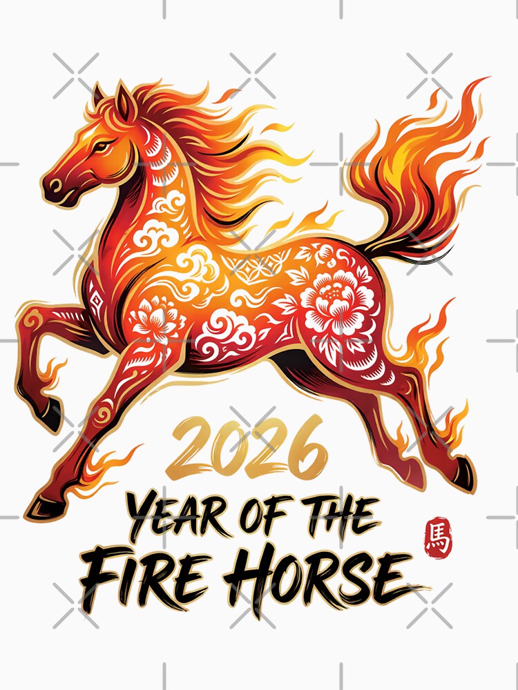 Chinese Zodiac and the Kanji for horse- year of the fire horse 2026 by shirtwavestore