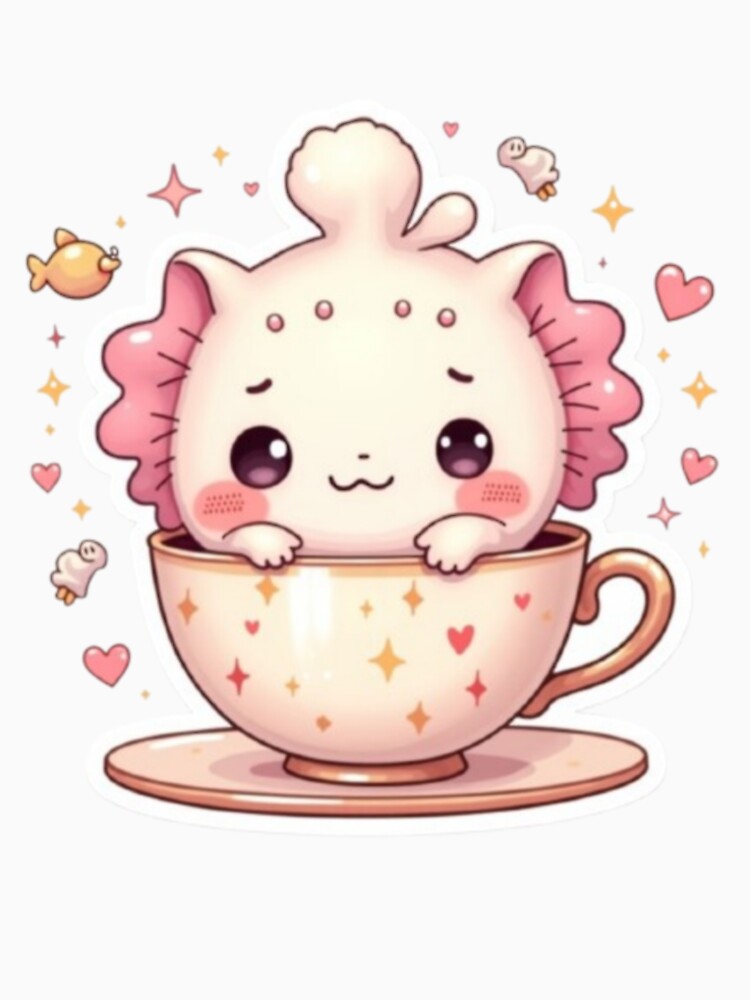 Sad Kawaii Axolotl in Teacup – Pastel Cute Crying Animal Sticker by CreatvShop