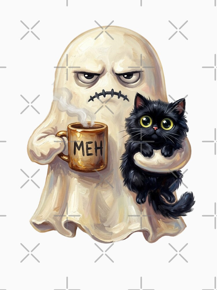 Tired Ghost Holding Black Cat And Coffee Meh Funny Spooky by raedattia