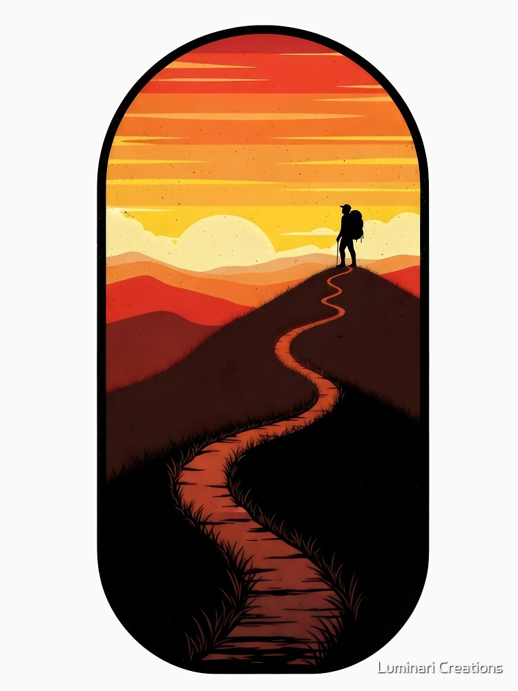 Vintage Hiking Silhouette – Retro 70s Sunset Trail Badge, Wanderlust Adventure Vibes by Luminari Creations