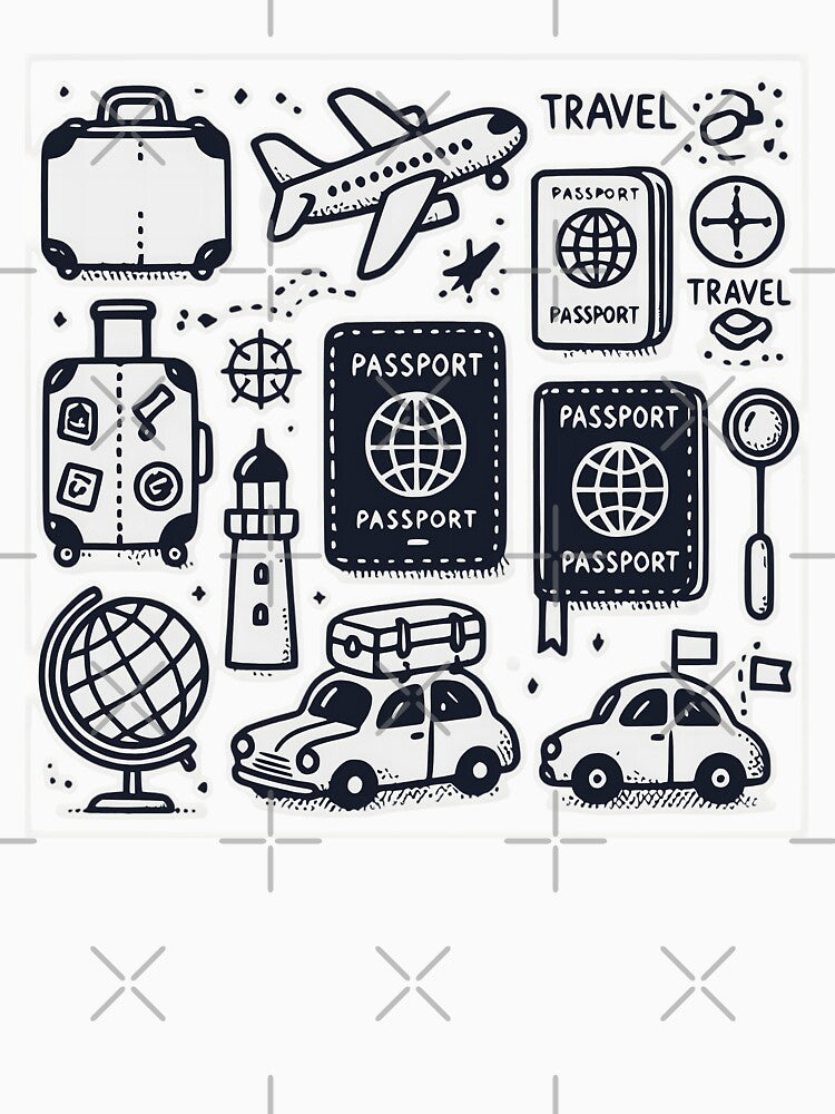 Whimsical Minimalist Travel Icons Passport Adventure Illustration by UniqueCraftsnCo