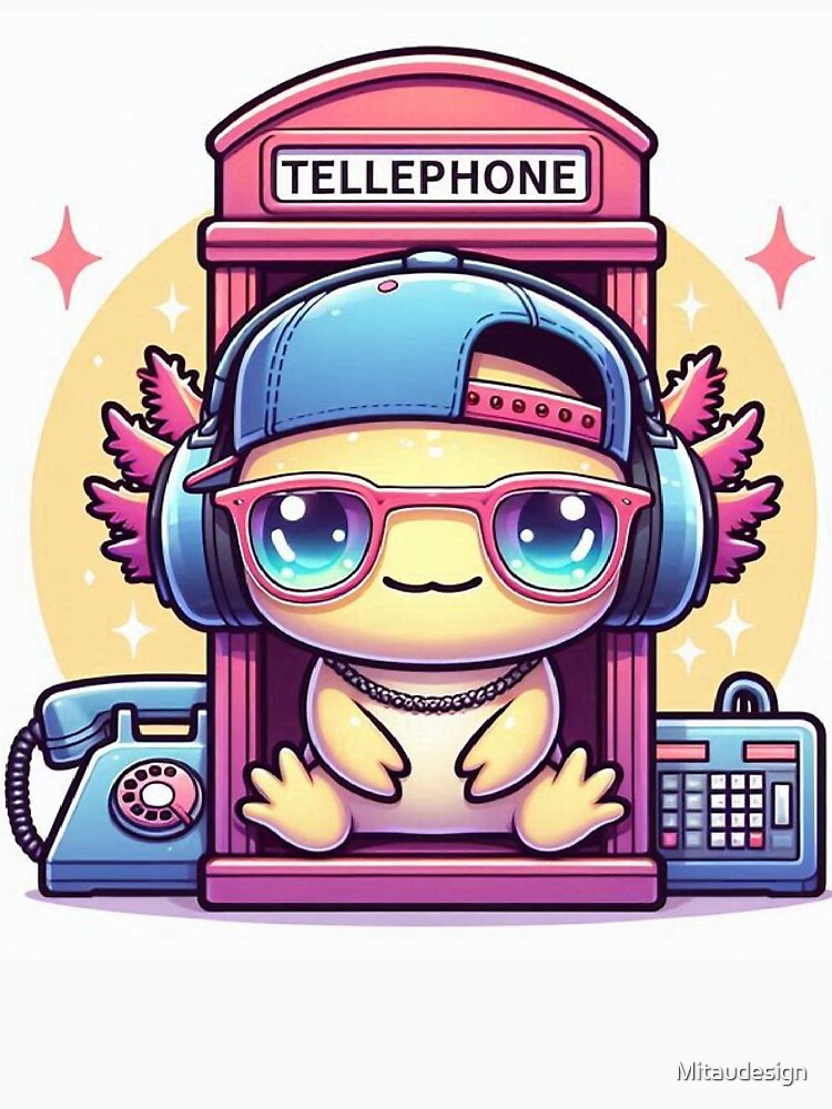 Cute Kawaii Axolotl Astronaut Sitting in Vintage Telephone Box by Mitaudesign