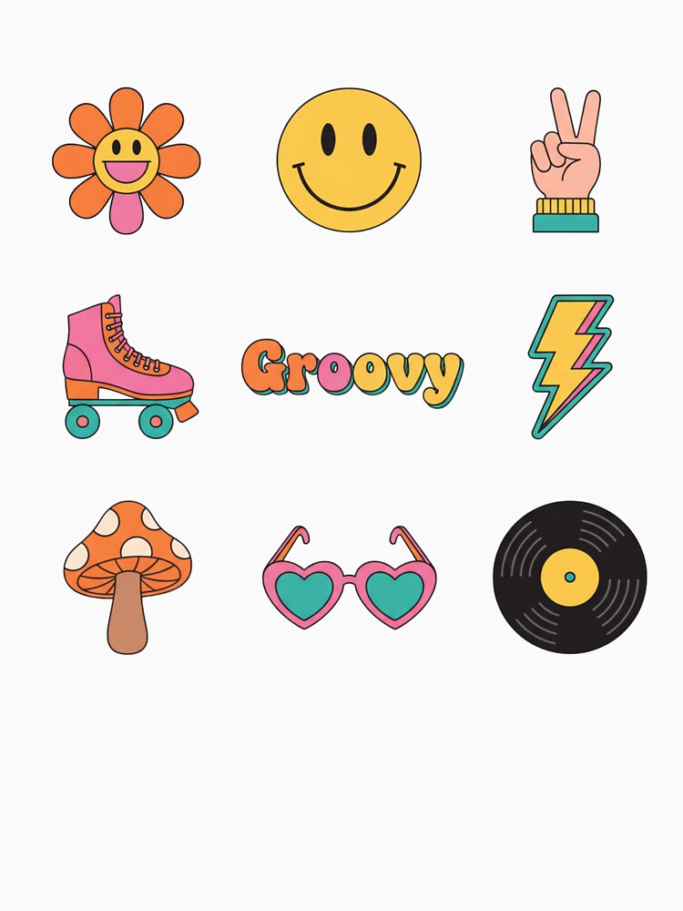 Groovy 70s Retro Sticker Sheet - 9 Cute Hippie & Good Vibes Icons by Siamcatshop