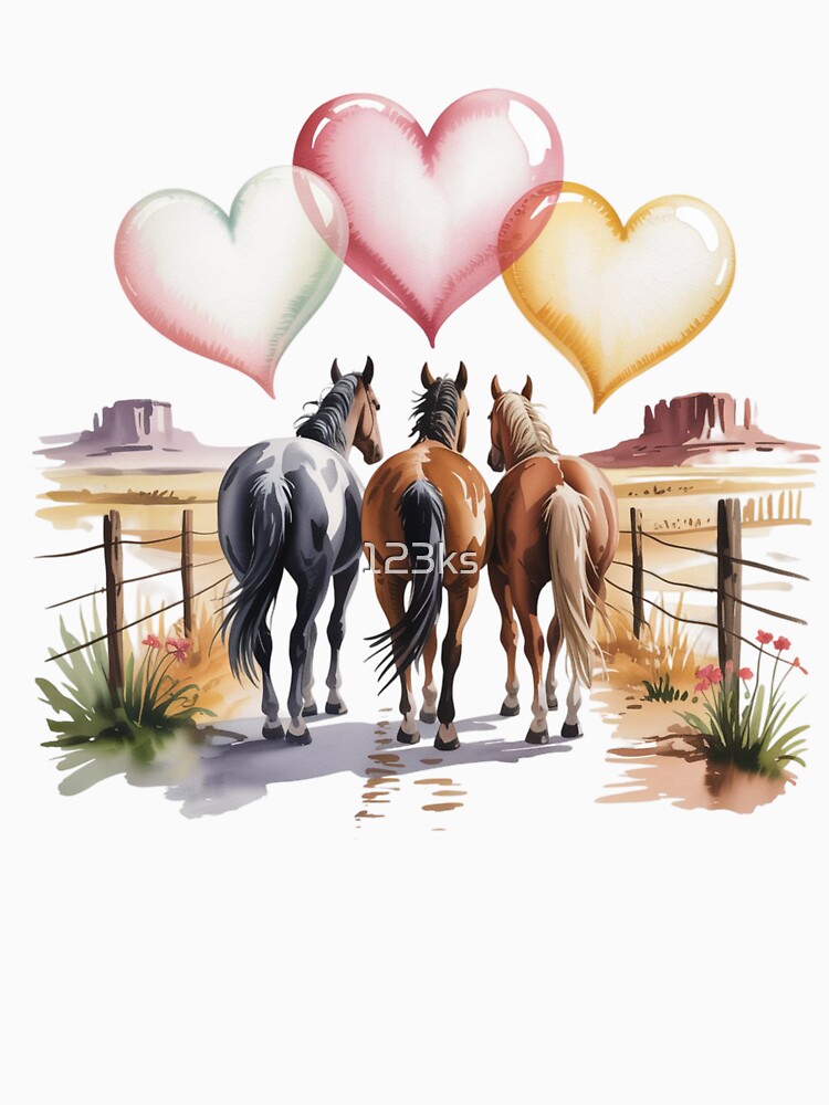 three horses walking together from behind on a dusty desert trail, symbolizing love and companionship by 123ks