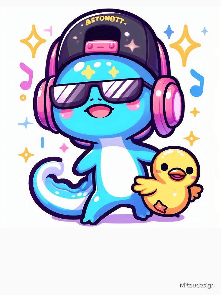 Cute Kawaii Axolotl Astronaut Dancing with Golden Duck by Mitaudesign