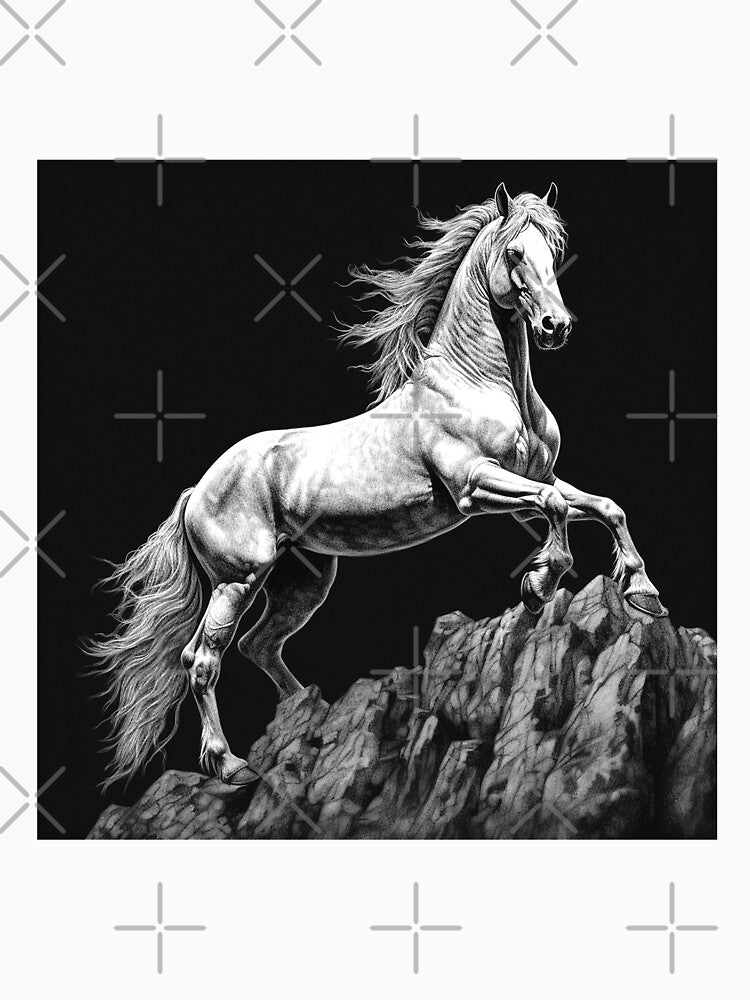 Black and White Rearing Horse on Rocky Cliff by inkoutninja