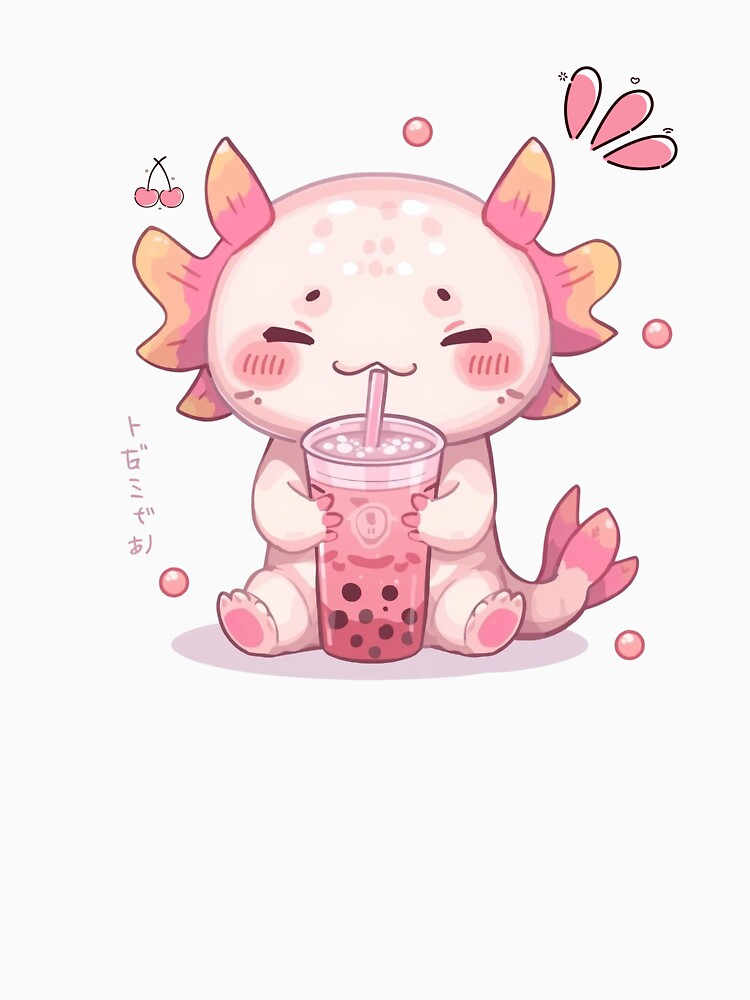 Cute Axolotl Drinking Boba Tea Kawaii Design by Pikalot
