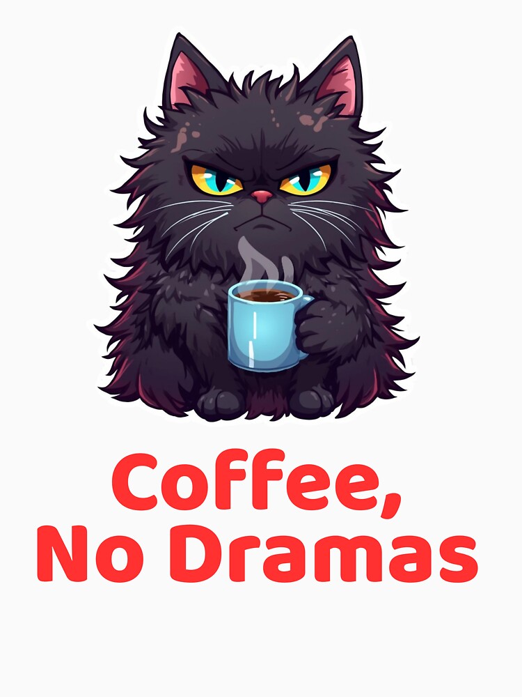 Grumpy Black Cat "Coffee, No Dramas"- Funny Morning Mood Illustration by INDEEDME
